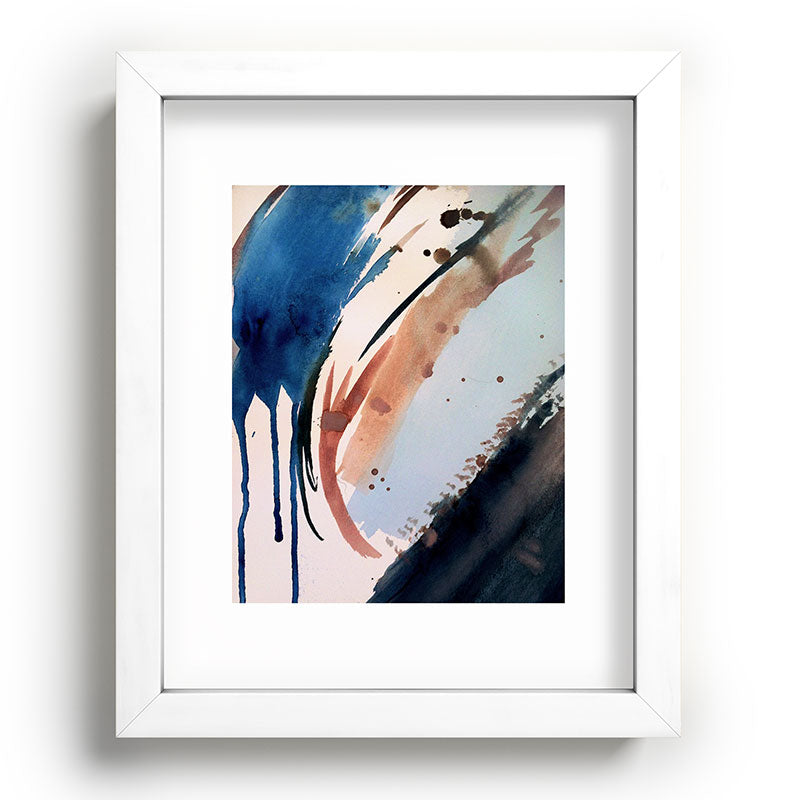 708 - a minimal mixed media abstract piece in blues, pinks, and white Framed Art Print