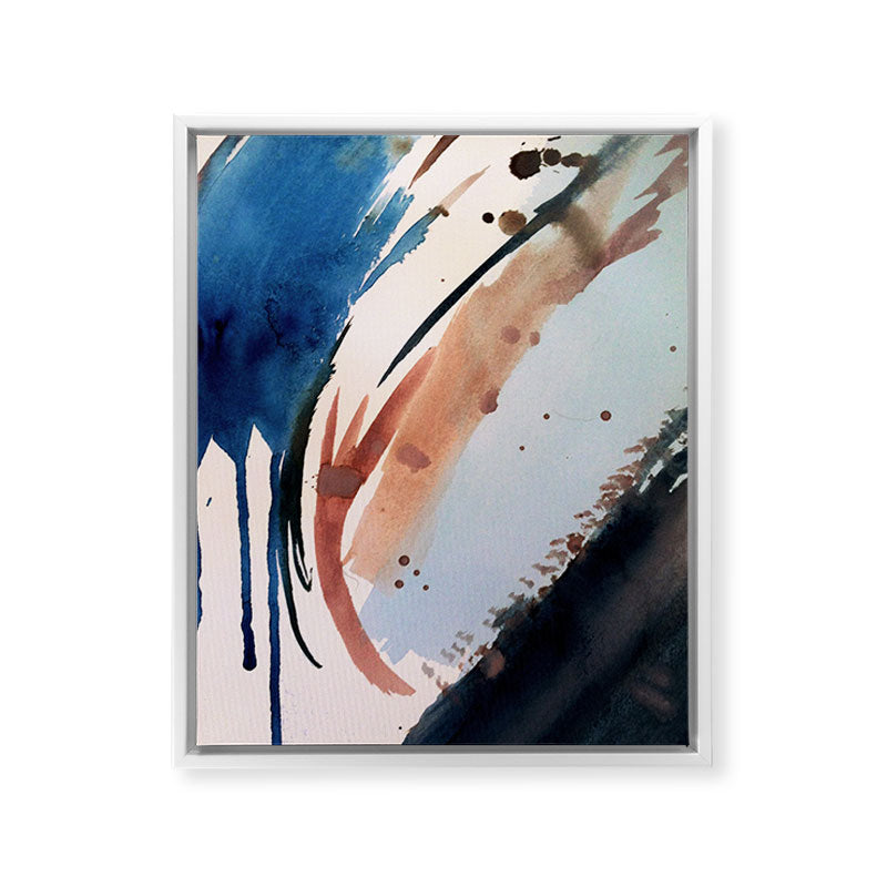 708 - a minimal mixed media abstract piece in blues, pinks, and white Framed Canvas Print