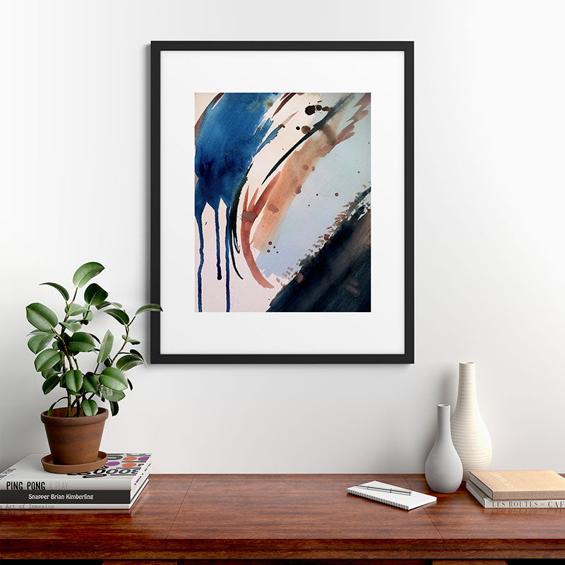 708 - a minimal mixed media abstract piece in blues, pinks, and white Framed Art Print