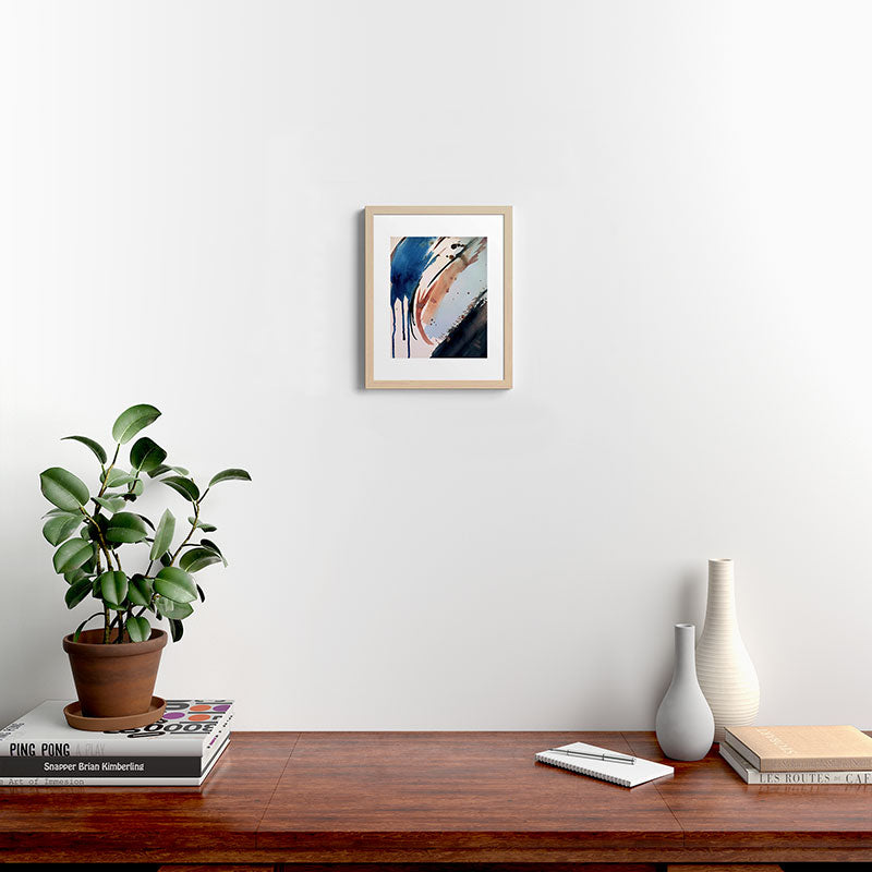 708 - a minimal mixed media abstract piece in blues, pinks, and white Framed Art Print