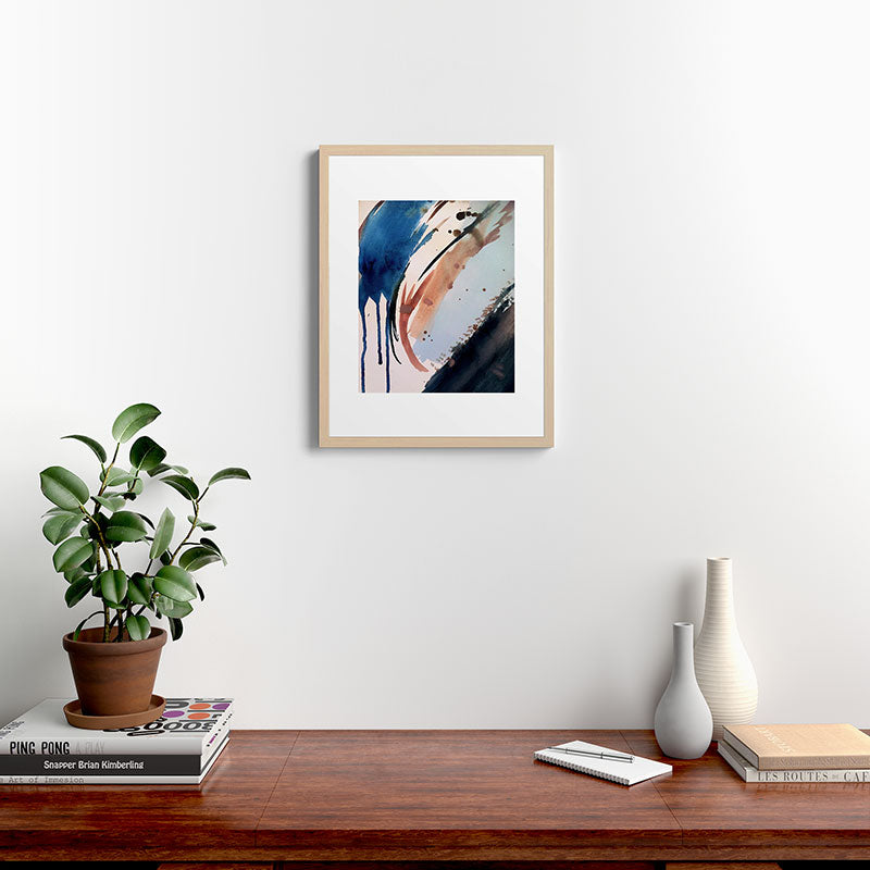 708 - a minimal mixed media abstract piece in blues, pinks, and white Framed Art Print