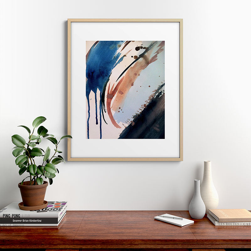 708 - a minimal mixed media abstract piece in blues, pinks, and white Framed Art Print