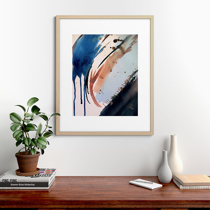 708 - a minimal mixed media abstract piece in blues, pinks, and white Framed Art Print