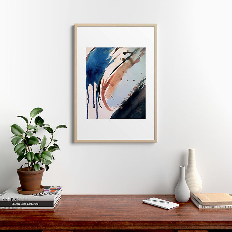 708 - a minimal mixed media abstract piece in blues, pinks, and white Framed Art Print