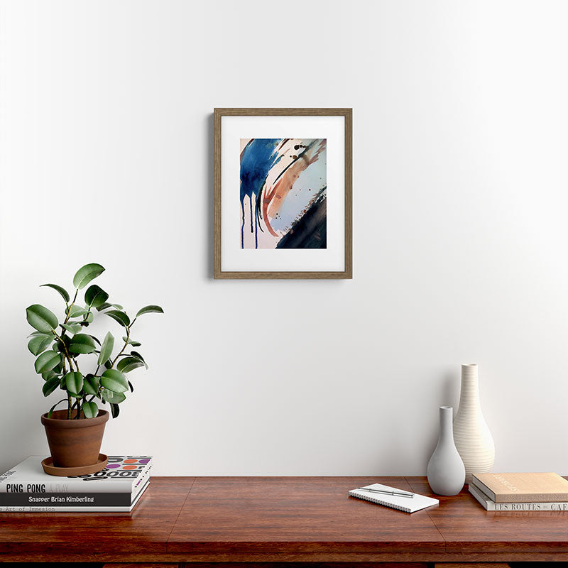 708 - a minimal mixed media abstract piece in blues, pinks, and white Framed Art Print