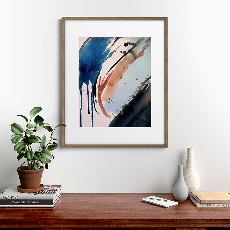 708 - a minimal mixed media abstract piece in blues, pinks, and white Framed Art Print