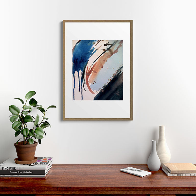 708 - a minimal mixed media abstract piece in blues, pinks, and white Framed Art Print