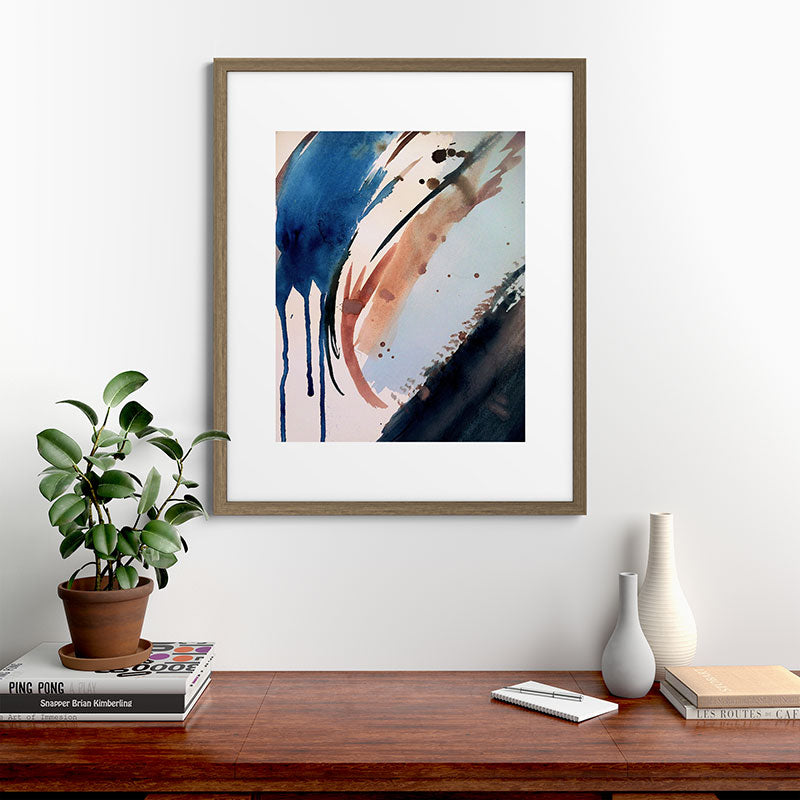 708 - a minimal mixed media abstract piece in blues, pinks, and white Framed Art Print