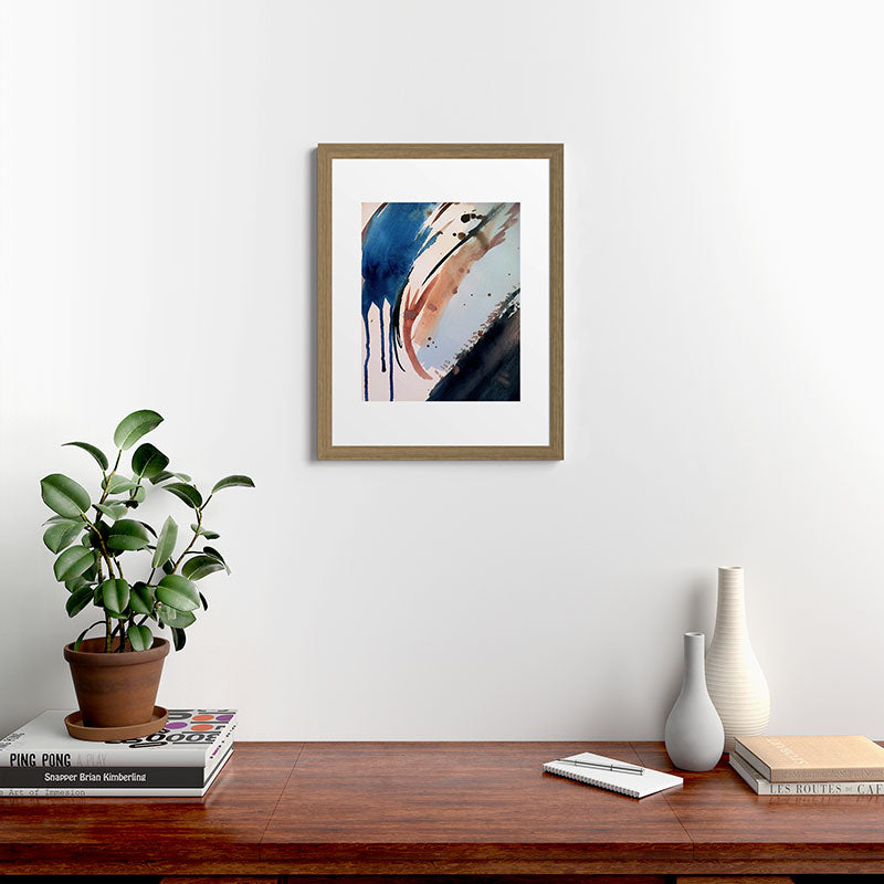 708 - a minimal mixed media abstract piece in blues, pinks, and white Framed Art Print