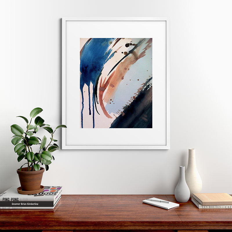 708 - a minimal mixed media abstract piece in blues, pinks, and white Framed Art Print