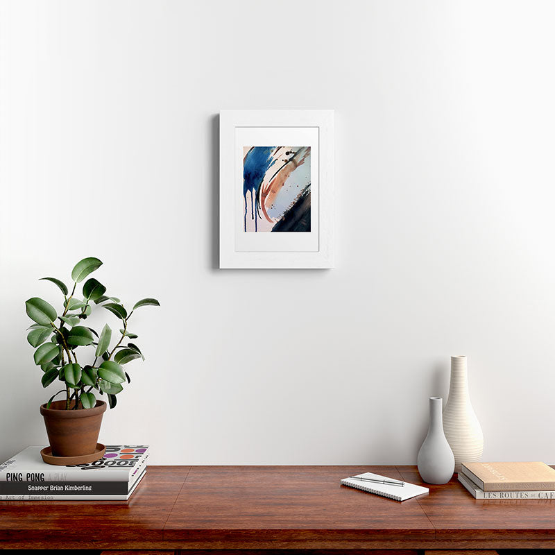 708 - a minimal mixed media abstract piece in blues, pinks, and white Framed Art Print