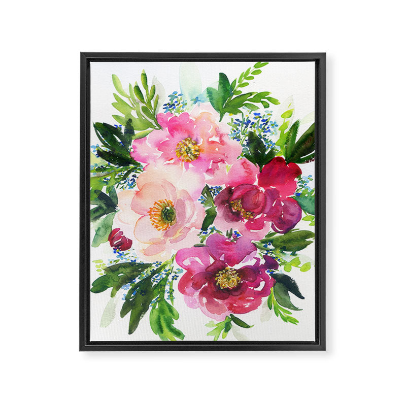 5 pink peonies in watercolor Framed Canvas Print