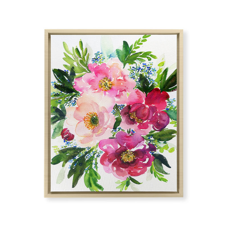 5 pink peonies in watercolor Framed Canvas Print