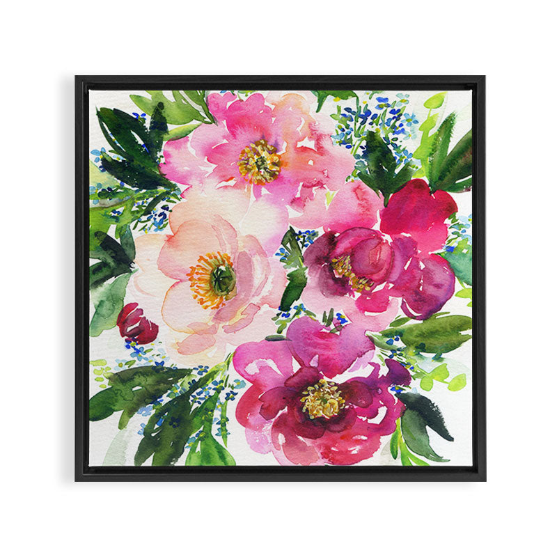5 pink peonies in watercolor Framed Canvas Print