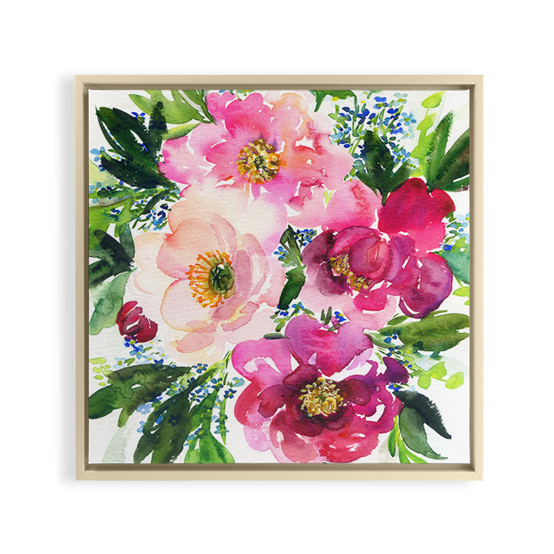 5 pink peonies in watercolor Framed Canvas Print