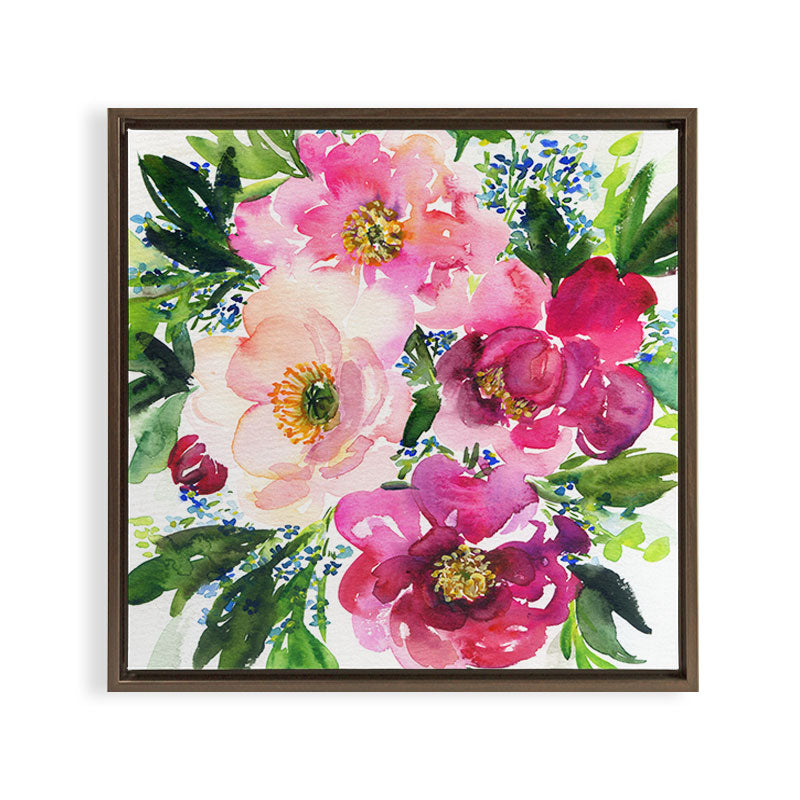 5 pink peonies in watercolor Framed Canvas Print