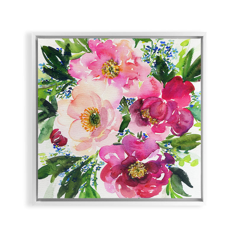 5 pink peonies in watercolor Framed Canvas Print