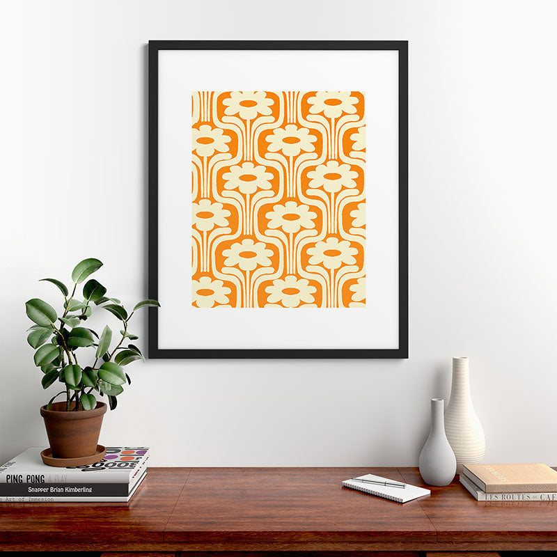 70s Orange Flower Pattern Framed Art Print