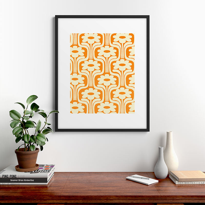 70s Orange Flower Pattern Framed Art Print