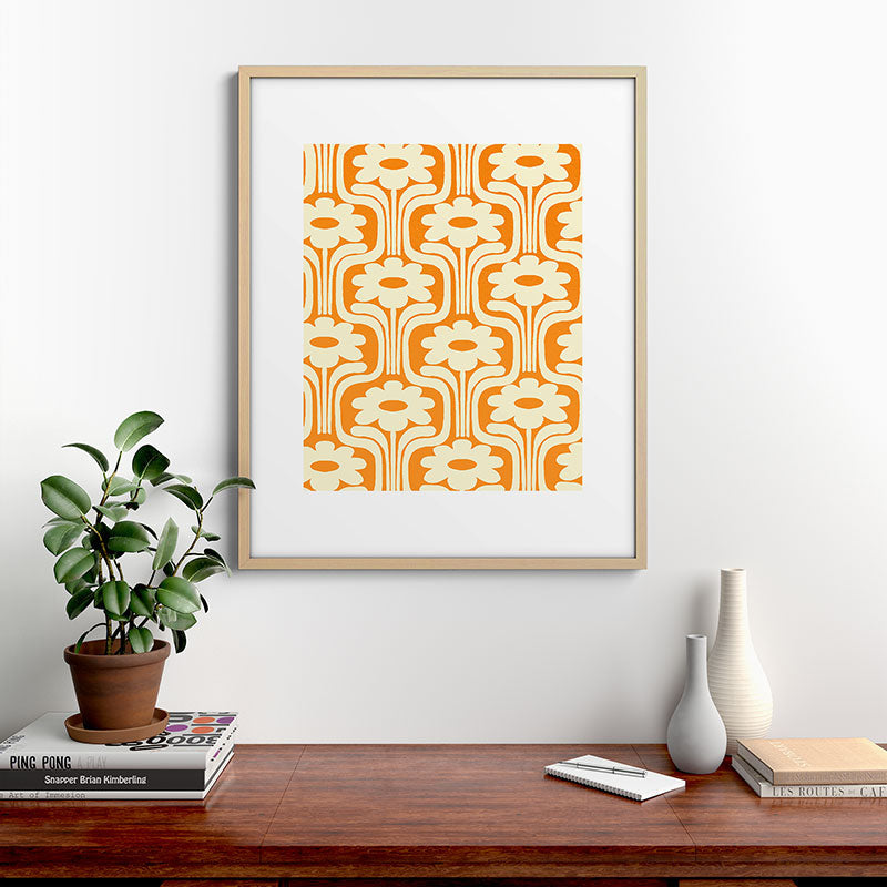 70s Orange Flower Pattern Framed Art Print