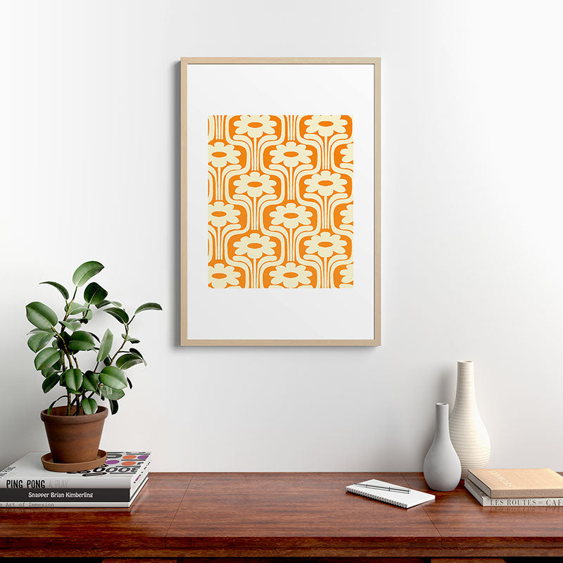 70s Orange Flower Pattern Framed Art Print