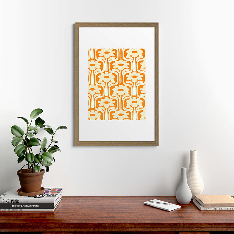 70s Orange Flower Pattern Framed Art Print