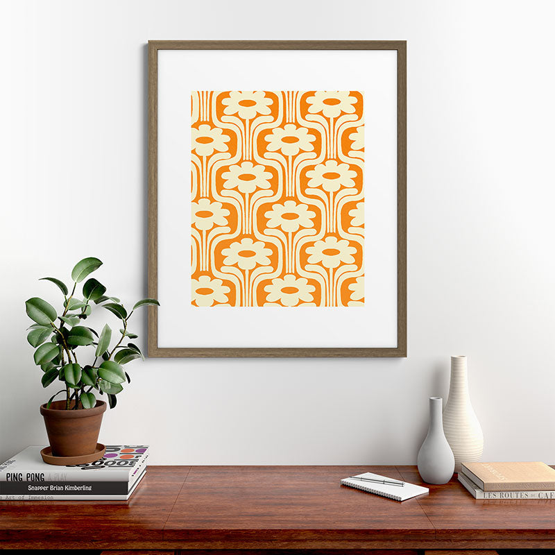 70s Orange Flower Pattern Framed Art Print