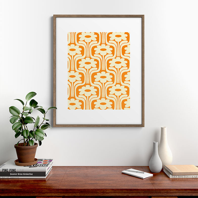 70s Orange Flower Pattern Framed Art Print