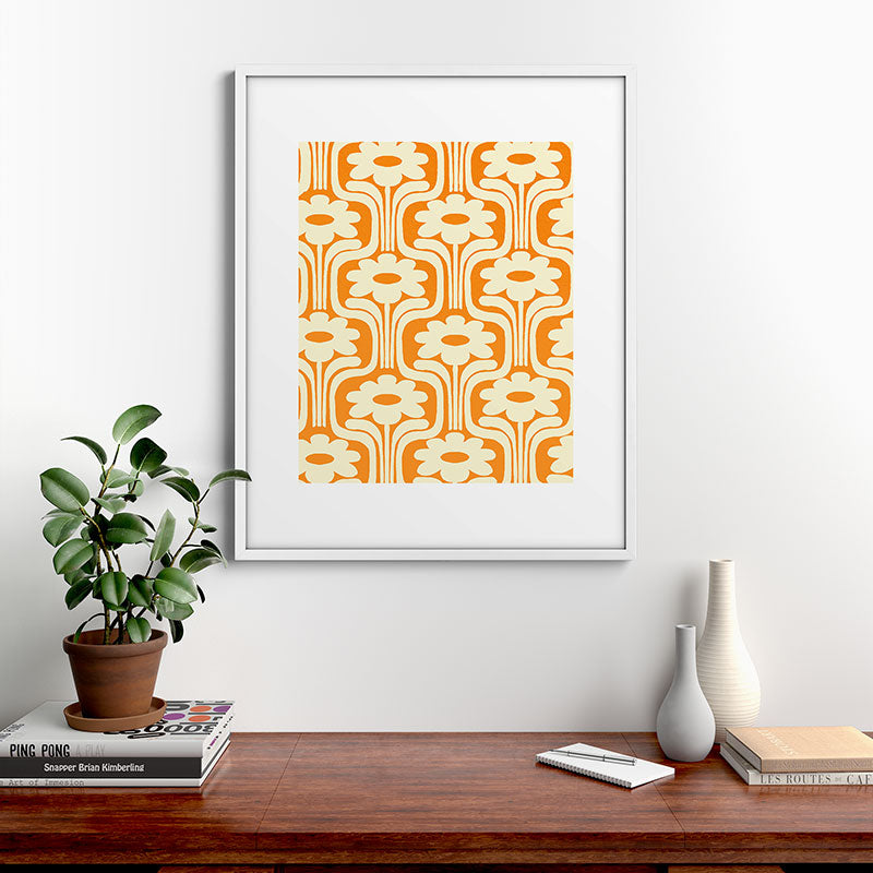 70s Orange Flower Pattern Framed Art Print