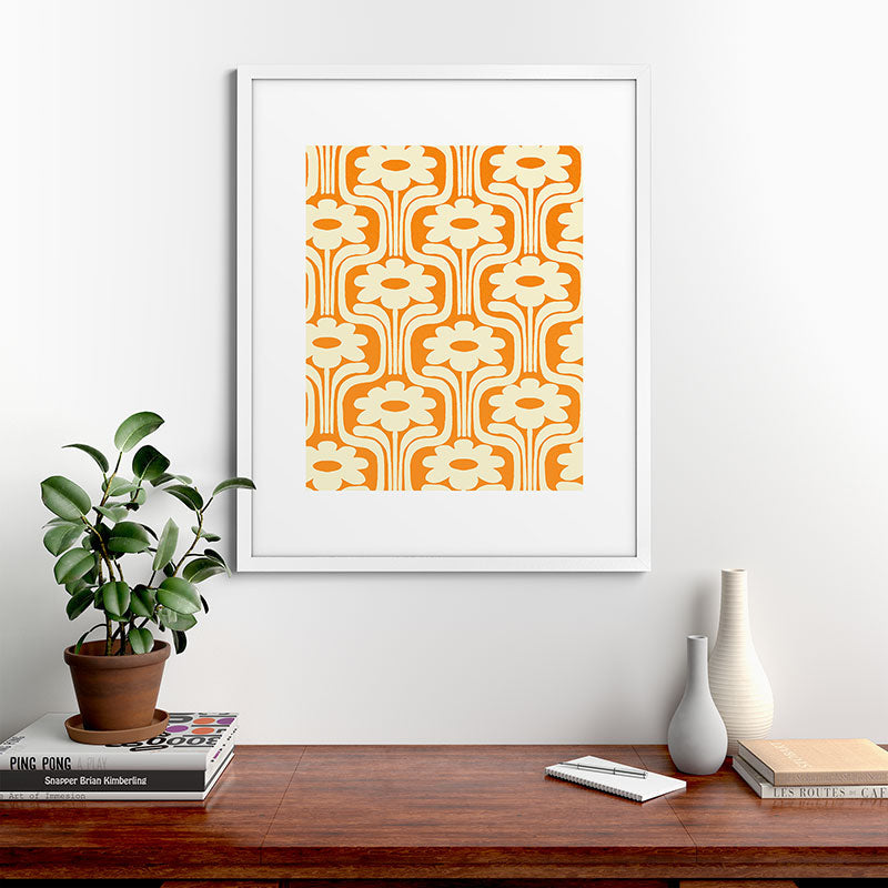 70s Orange Flower Pattern Framed Art Print