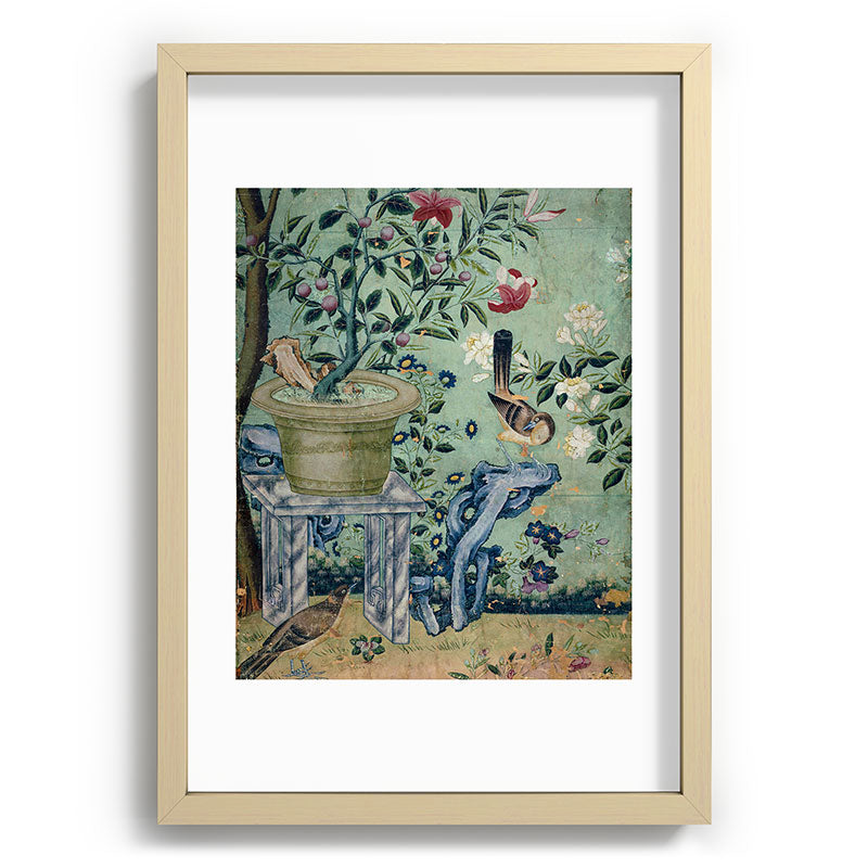 18th Century Antique Mint Chinoiserie Bird Garden Fresco 1740 Framed Art Print