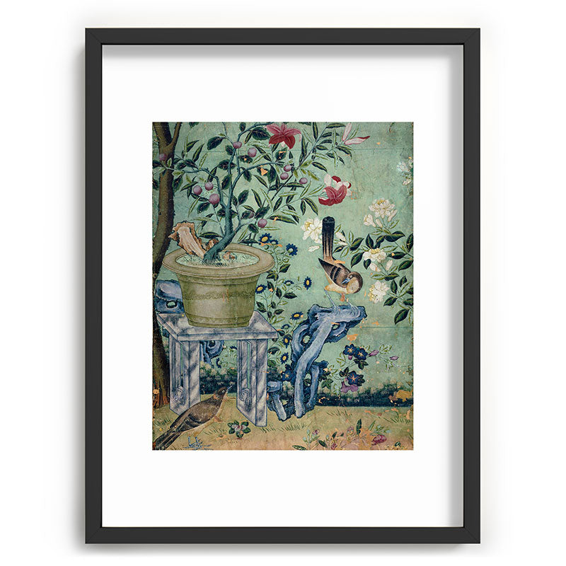 18th Century Antique Mint Chinoiserie Bird Garden Fresco 1740 Framed Art Print