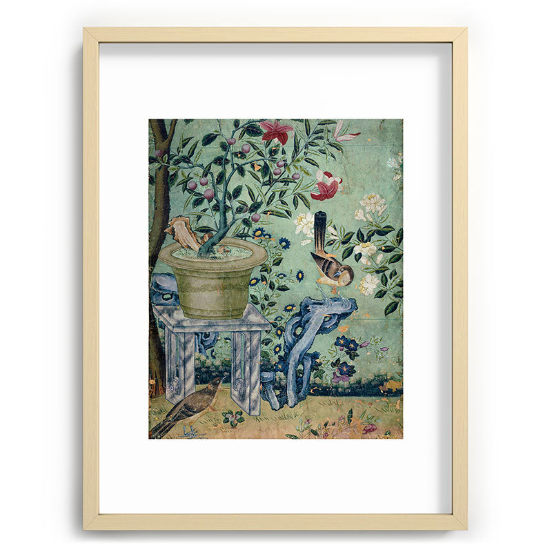 18th Century Antique Mint Chinoiserie Bird Garden Fresco 1740 Framed Art Print
