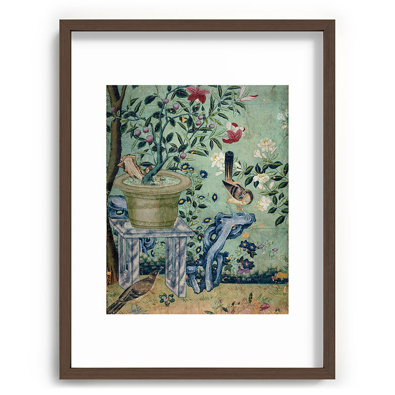 18th Century Antique Mint Chinoiserie Bird Garden Fresco 1740 Framed Art Print