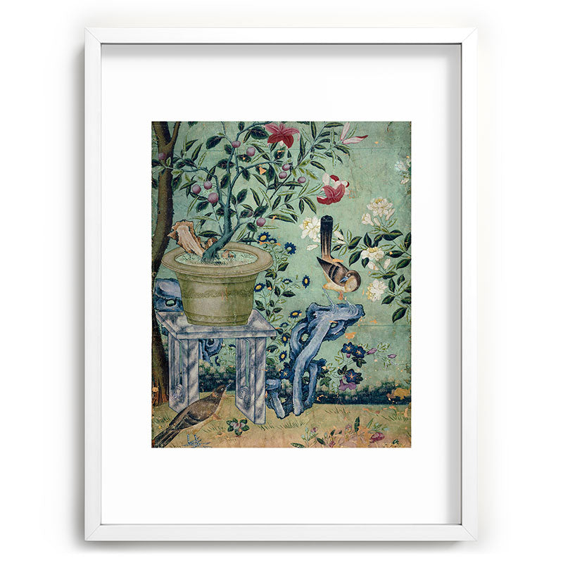 18th Century Antique Mint Chinoiserie Bird Garden Fresco 1740 Framed Art Print