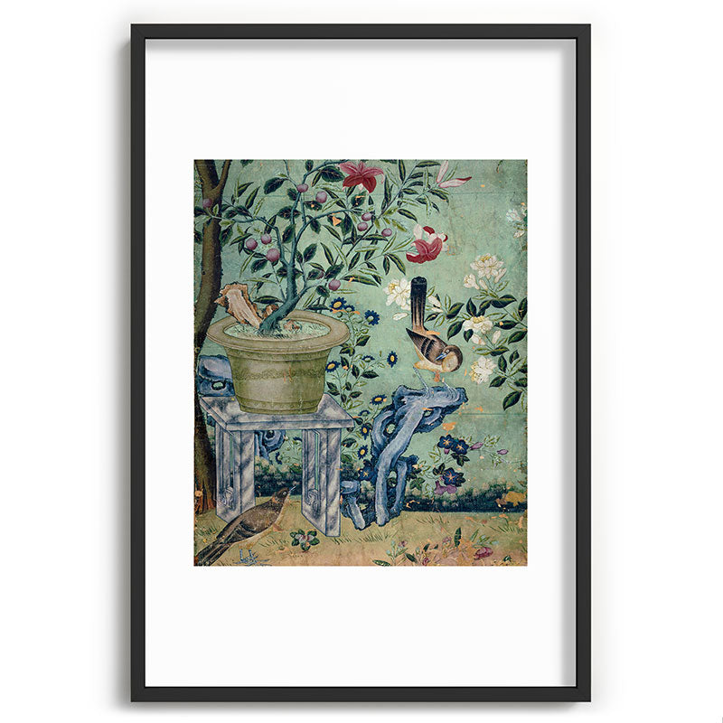 18th Century Antique Mint Chinoiserie Bird Garden Fresco 1740 Framed Art Print