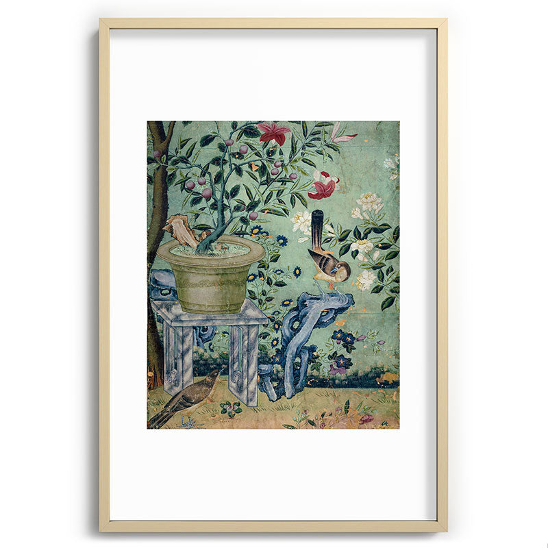 18th Century Antique Mint Chinoiserie Bird Garden Fresco 1740 Framed Art Print