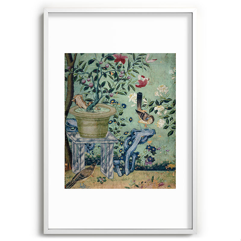 18th Century Antique Mint Chinoiserie Bird Garden Fresco 1740 Framed Art Print