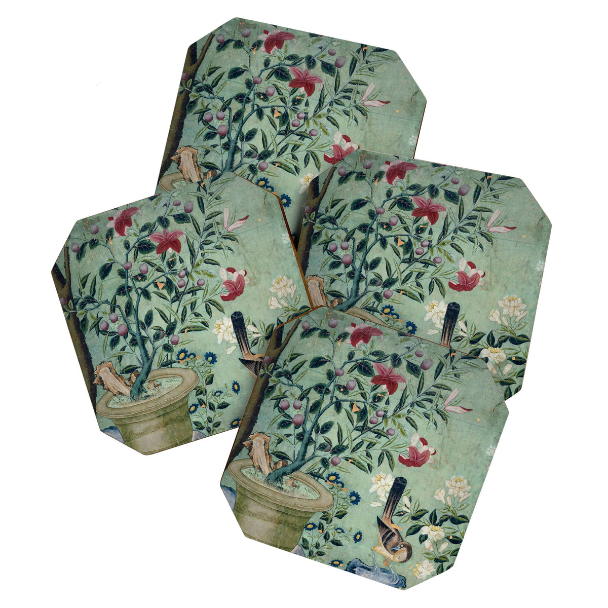 18th Century Antique Mint Chinoiserie Bird Garden Fresco 1740 Coaster
