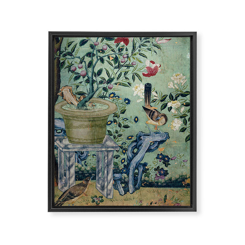 18th Century Antique Mint Chinoiserie Bird Garden Fresco 1740 Framed Canvas Print
