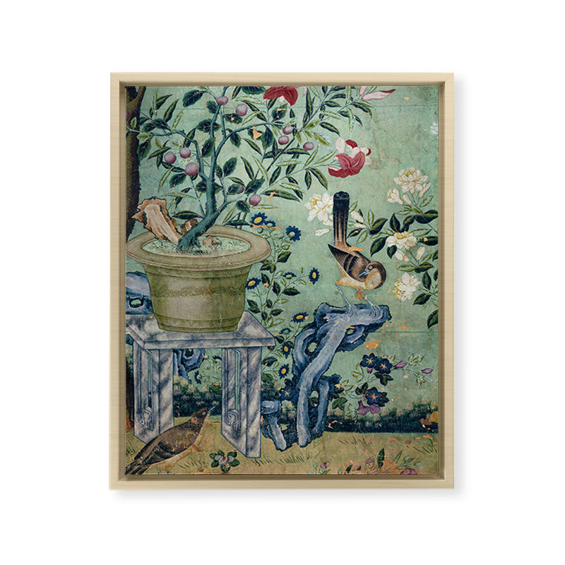 18th Century Antique Mint Chinoiserie Bird Garden Fresco 1740 Framed Canvas Print