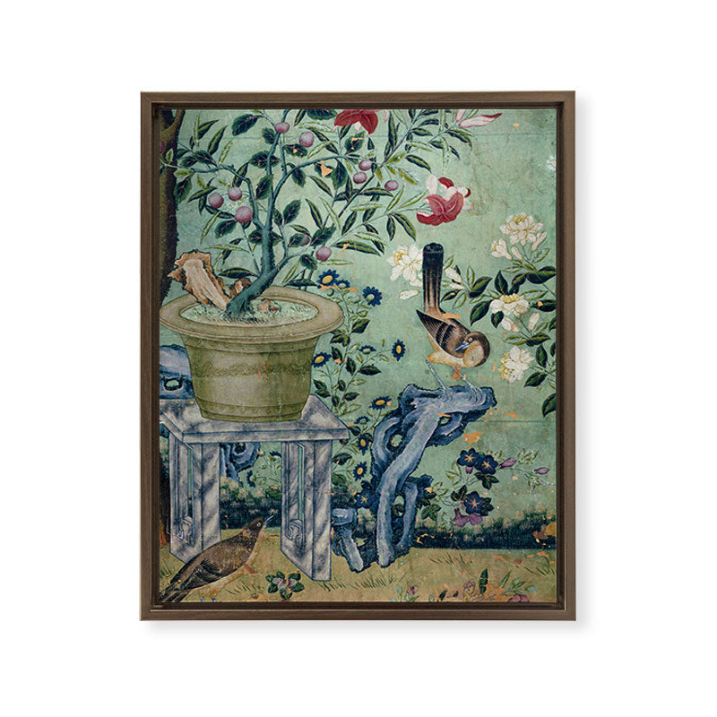 18th Century Antique Mint Chinoiserie Bird Garden Fresco 1740 Framed Canvas Print