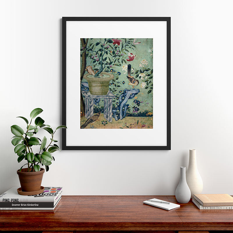 18th Century Antique Mint Chinoiserie Bird Garden Fresco 1740 Framed Art Print