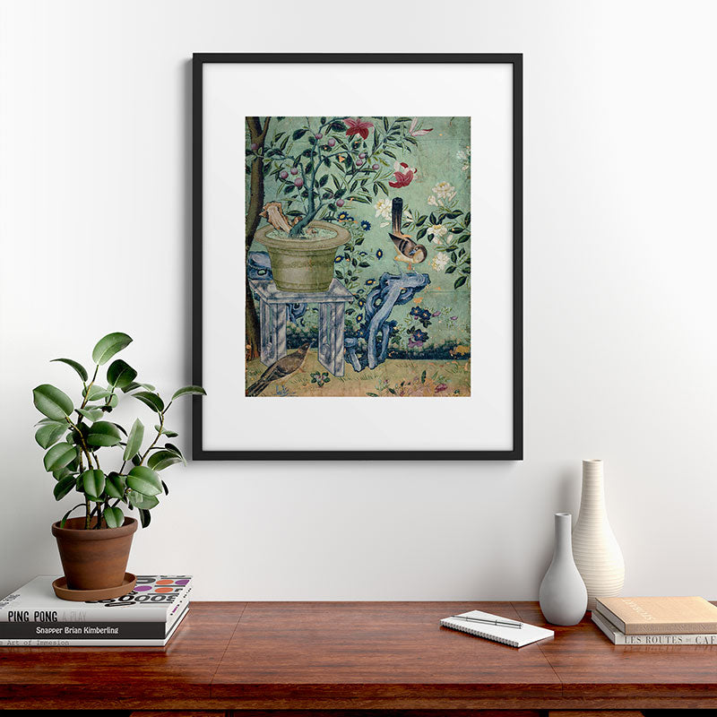 18th Century Antique Mint Chinoiserie Bird Garden Fresco 1740 Framed Art Print