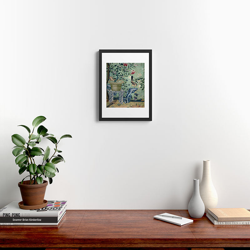 18th Century Antique Mint Chinoiserie Bird Garden Fresco 1740 Framed Art Print