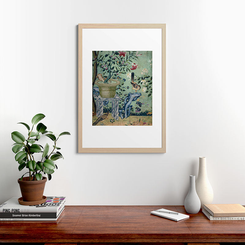 18th Century Antique Mint Chinoiserie Bird Garden Fresco 1740 Framed Art Print