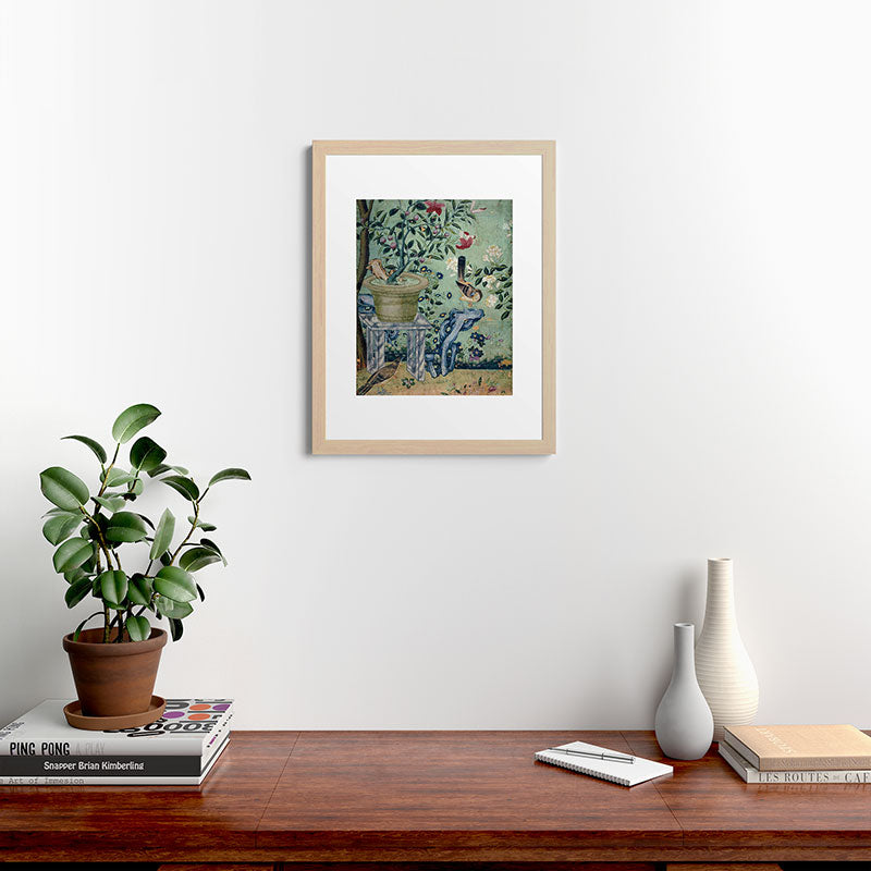 18th Century Antique Mint Chinoiserie Bird Garden Fresco 1740 Framed Art Print