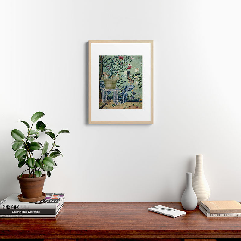 18th Century Antique Mint Chinoiserie Bird Garden Fresco 1740 Framed Art Print