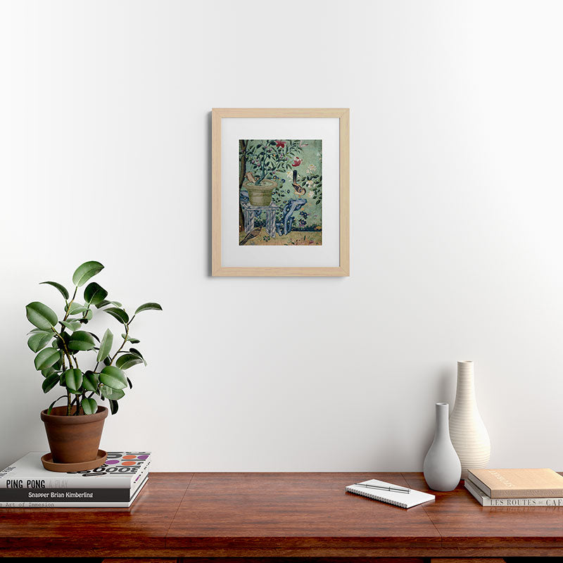 18th Century Antique Mint Chinoiserie Bird Garden Fresco 1740 Framed Art Print