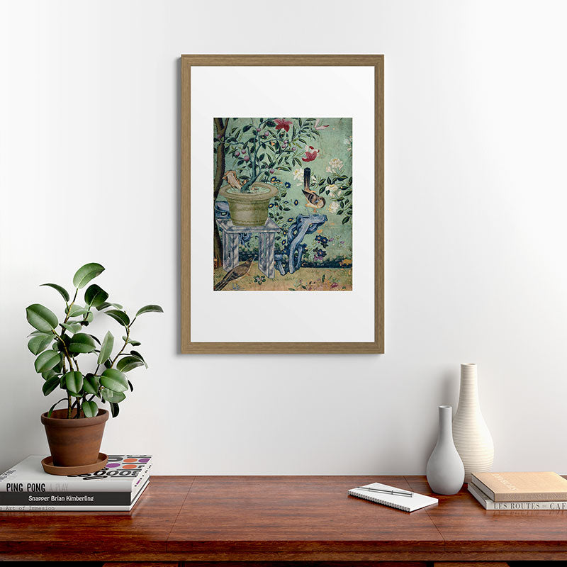18th Century Antique Mint Chinoiserie Bird Garden Fresco 1740 Framed Art Print